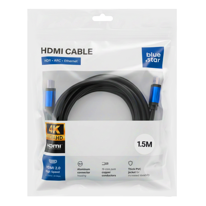 Cable HDMI 2.0 Blue Star 4K 120Hz - High Speed, HDR, ARC, Ethernet, AWM, 18Gbps 1,5 m black