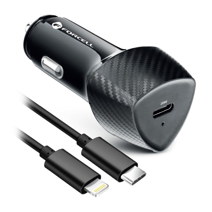 Car charger Forcell F-Energy Carbon USB C QC3.0 PD 3A 20W + USB-C to Lightning cable CC50-1C black
