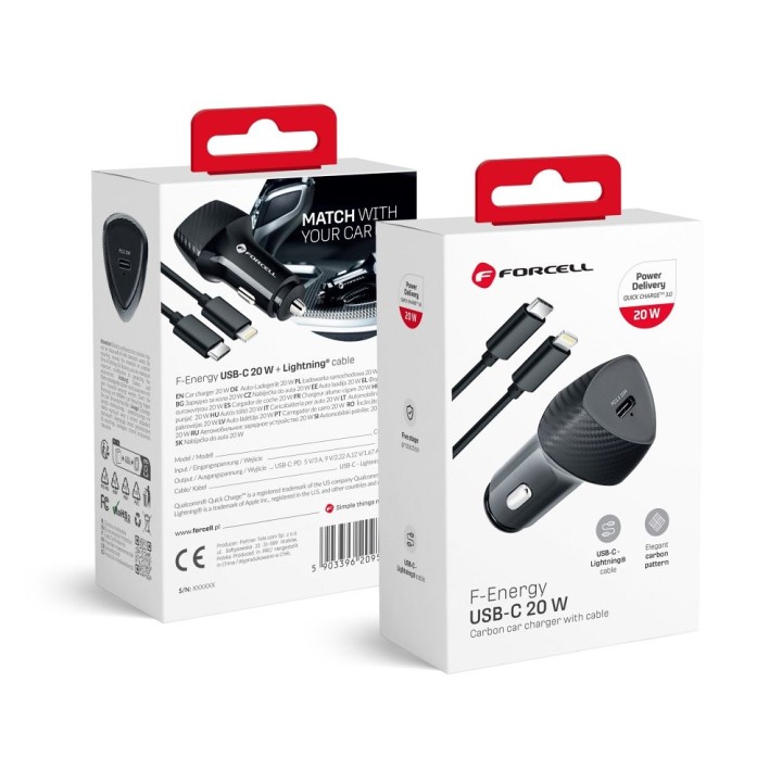 Ładowarka samochodowa Forcell F-Energy Carbon USB C QC3.0 PD 3A 20W + kabel USB C do Lightning CC50-1C czarna