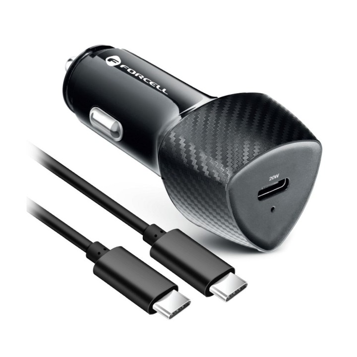 Car charger Forcell F-Energy Carbon USB C QC3.0 PD 3A 20W + cable USB C to USB C CC50-1C black
