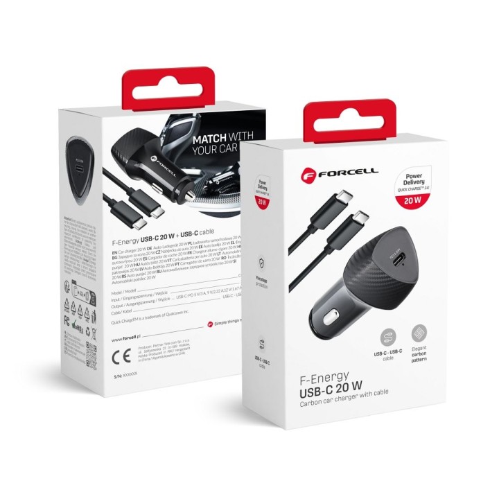 Ładowarka samochodowa Forcell F-Energy Carbon USB C QC3.0 PD 3A 20W + kabel USB C do USB C CC50-1C czarna