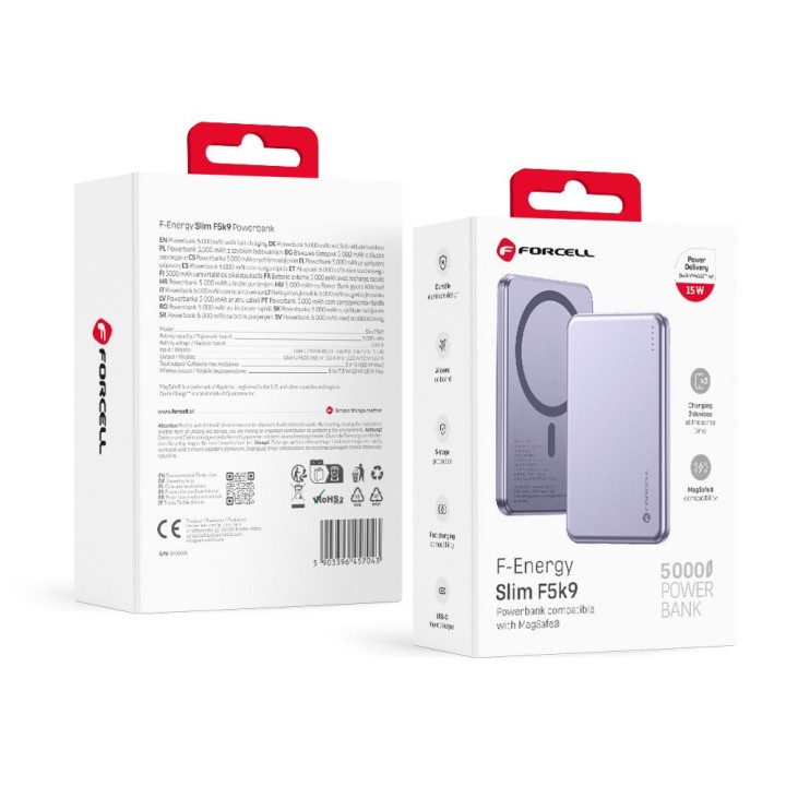 Повербанк сумісний з MagSafe Forcell F-Energy Slim F5K9 QC4.0 PD3.0 15W 5000 mAh фіолетовий 0INT