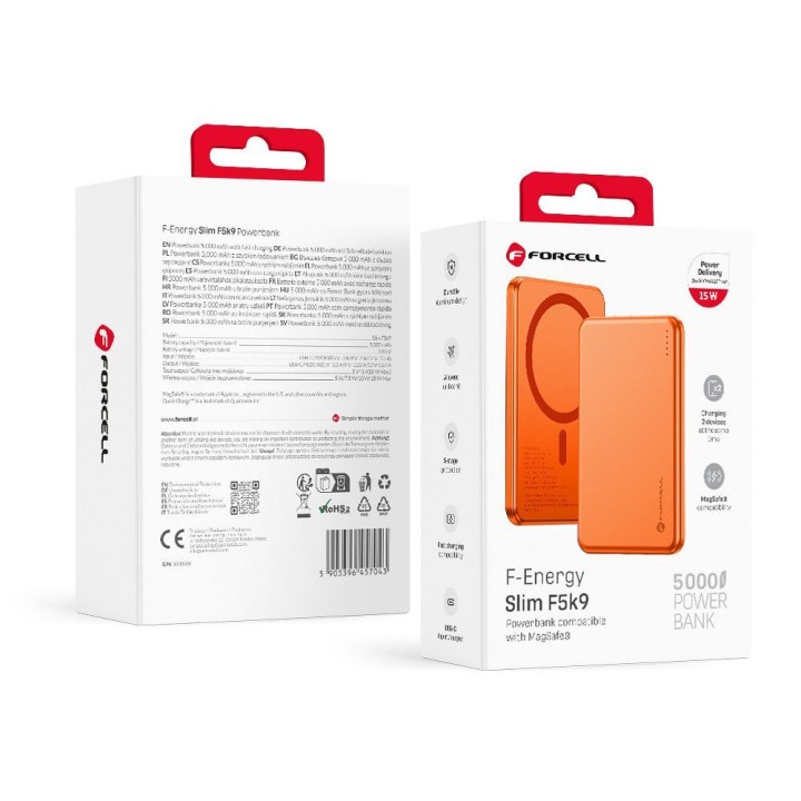 Powerbank zgodny z MagSafe Forcell F-Energy Slim F5K9 QC4.0 PD3.0 15W 5000 mAh pomarańczowy  0INT