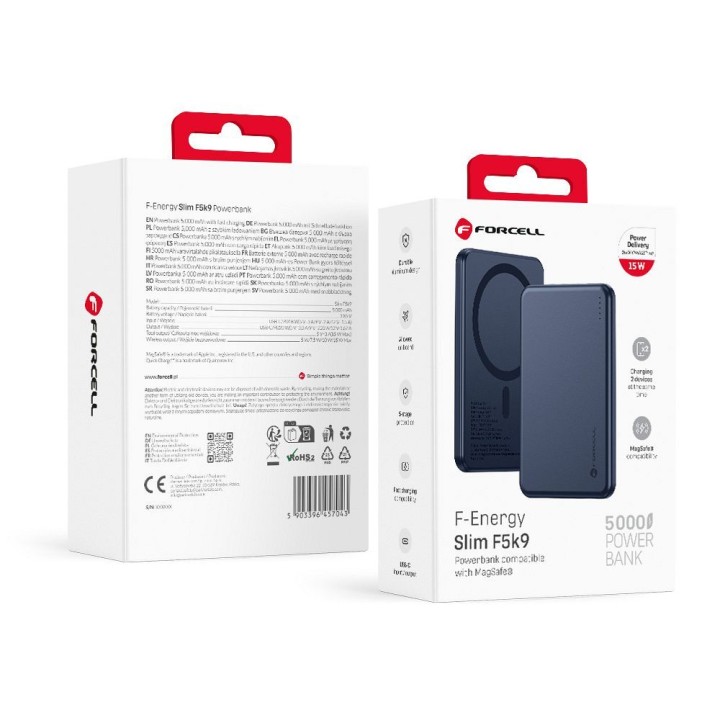 Повербанк сумісний з MagSafe Forcell F-Energy Slim F5K9 QC4.0 PD3.0 15W 5000 mAh темно-синій 0INT