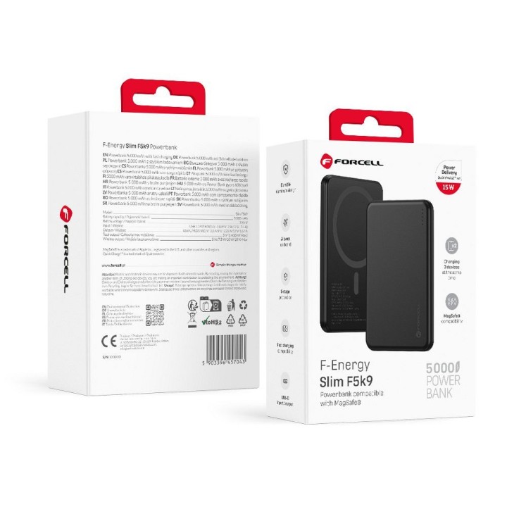 Повербанк совместимый с MagSafe Forcell F-Energy Slim F5K9 QC4.0 PD3.0 15W 5000 mAh черный 0INT