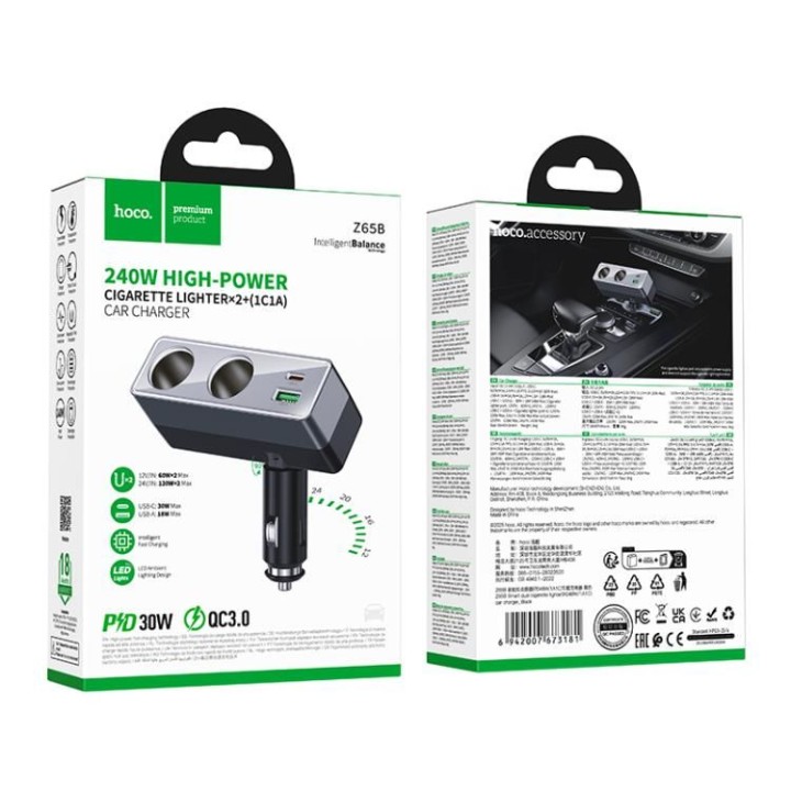 Car charger Hoco with splitter 1xUSB A + 1xUSB C + 2 cigarette lighter sockets QC3.0 PD max 240W/24V Z65B black
