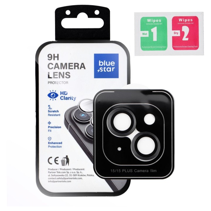 Szkło hartowane na aparat do iPhone 15 / 15 PLUS Blue Star Easy Install czarne