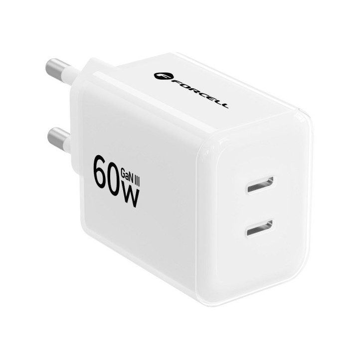 Wall charger for phone Forcell F-Energy GaN III Crystal Color 2x USB C AVS SSFC3.0 60W + USB-C to USB-C cable VT-60