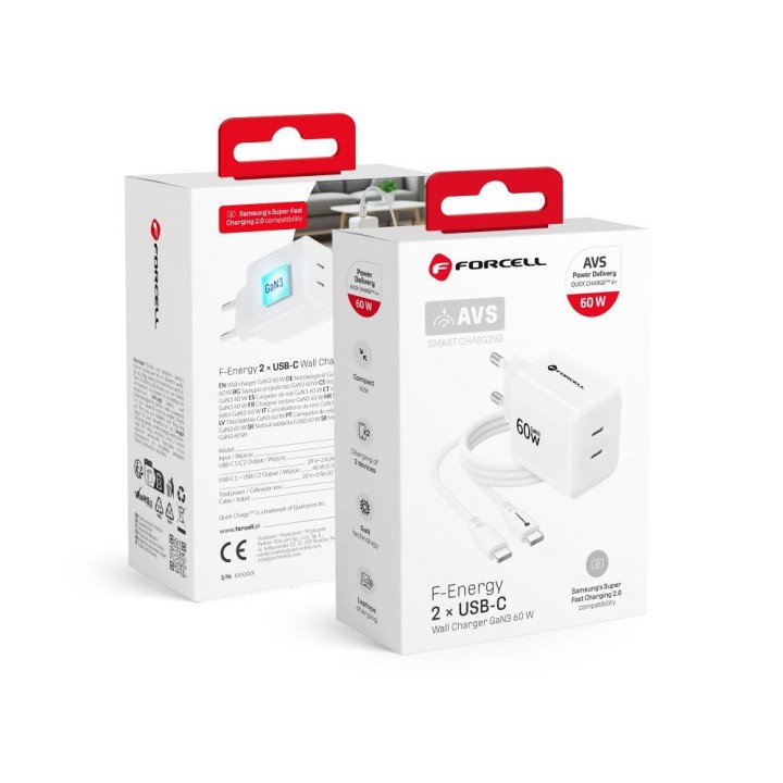 Wall charger for phone Forcell F-Energy GaN III Crystal Color 2x USB C AVS SSFC3.0 60W + USB-C to USB-C cable VT-60