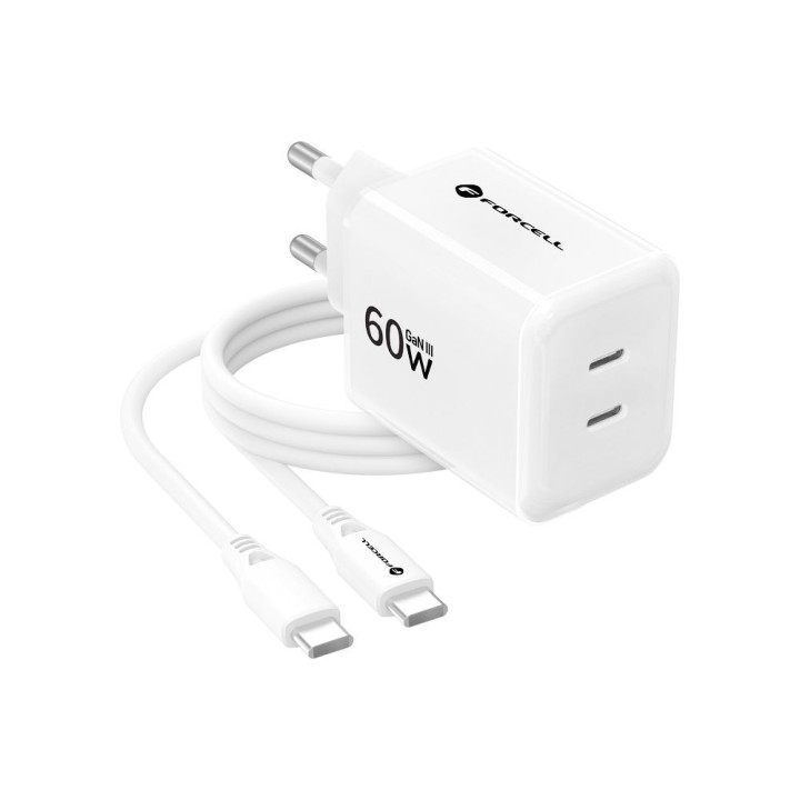 Сетевое зарядное устройство для телефона Forcell F-Energy GaN III Crystal Color 2x USB C AVS SSFC3.0 60W + кабель USB C на USB C