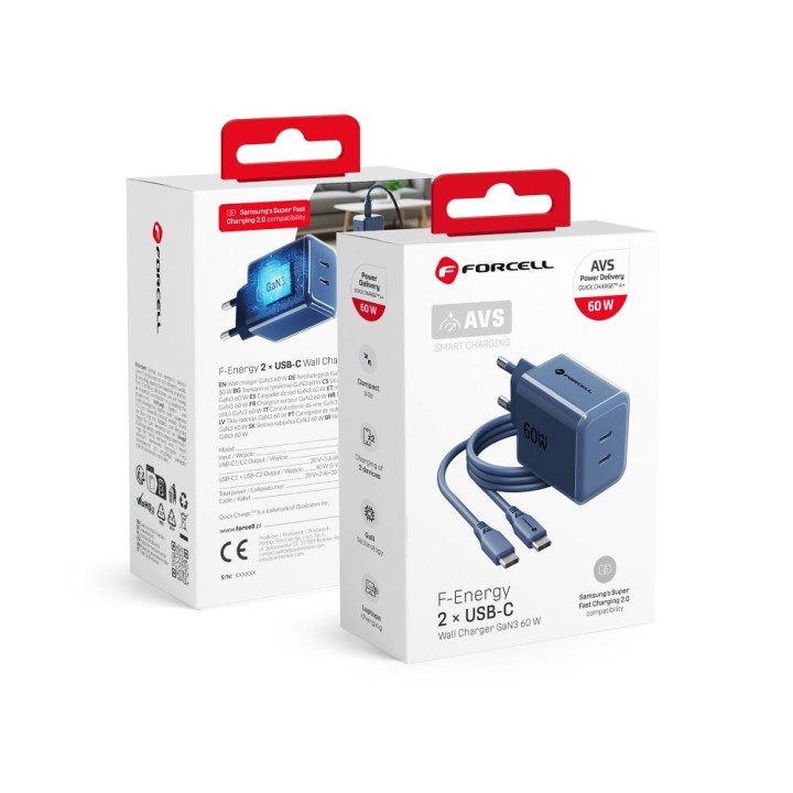 Мережевий зарядний пристрій для телефону Forcell F-Energy GaN III Crystal Color 2x USB C AVS SSFC3.0 60W + кабель USB-C – USB-C