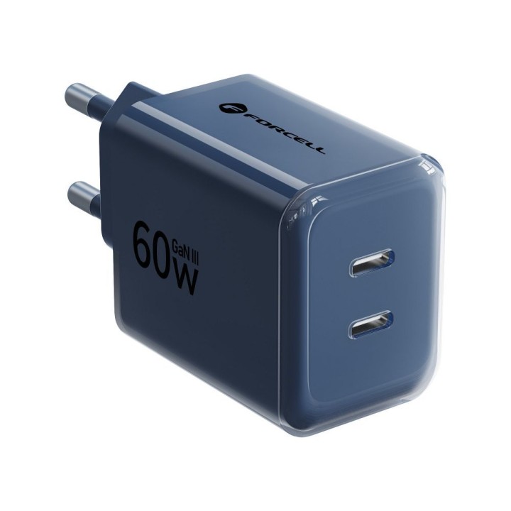 Wall charger for phone Forcell F-Energy GaN III Crystal Color 2x USB C AVS SSFC3.0 60W + USB-C to USB-C cable VT-60