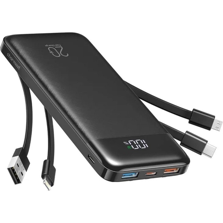 Повербанк 5V 3A 10000 mAh со встроенными кабелями USB A / USB C / Lightning / Micro USB Charmast W1148 черный OINT