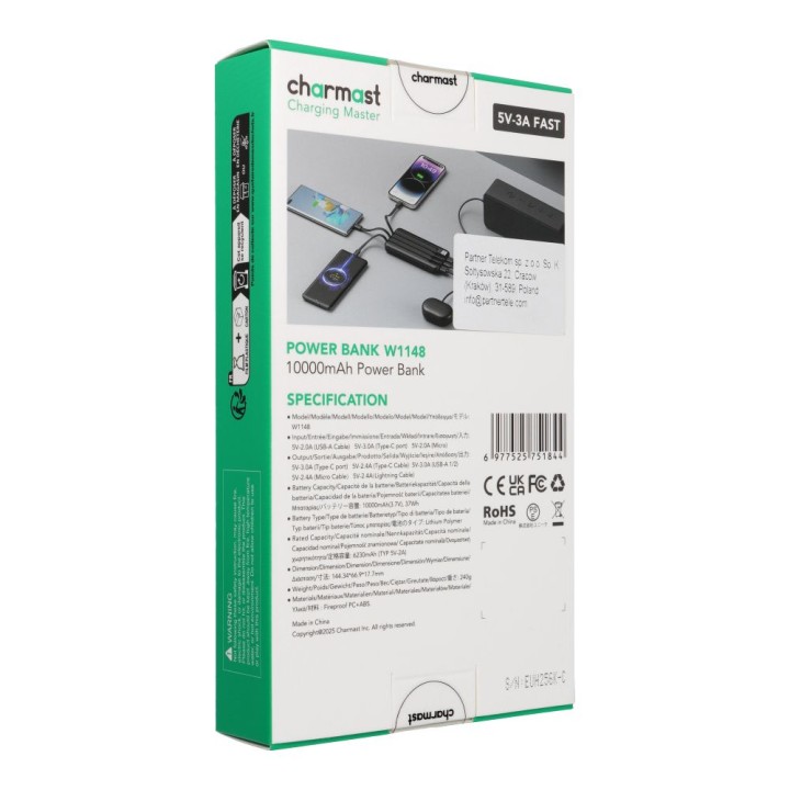 Повербанк 5V 3A 10000 mAh со встроенными кабелями USB A / USB C / Lightning / Micro USB Charmast W1148 черный OINT