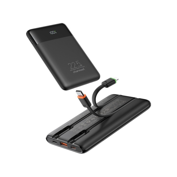 Power bank PD3.0 3A 22,5W 10000 mAh with built-in cables USB C / Lightning Charmast W1202 black 0INT