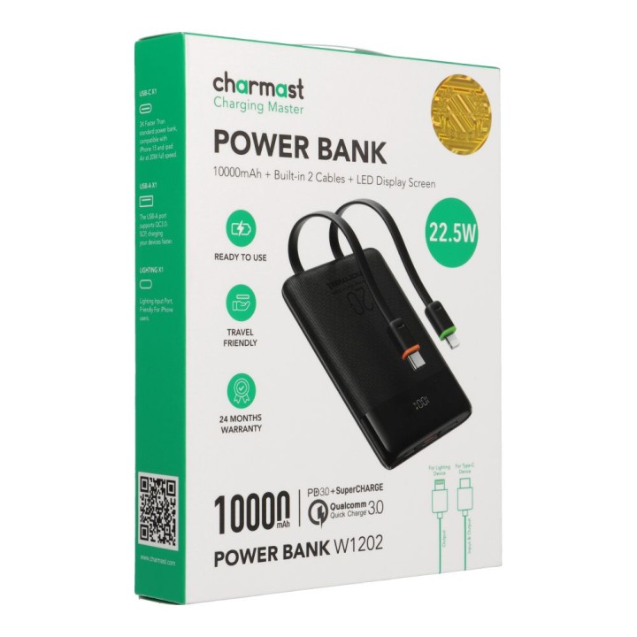 Power bank PD3.0 3A 22,5W 10000 mAh with built-in cables USB C / Lightning Charmast W1202 black 0INT