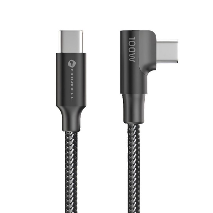 Cable USB C to USB C Forcell F-Energy QC4.0 PD 5A 100W Cafule 90° angled 1,2 m CC-1Deg black 0INT