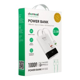 Повербанк PD3.0 3A 22,5W 10000 mAh с встроенными кабелями USB C / Lightning Charmast W1202 белый 0INT