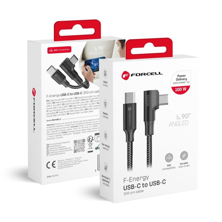 Cable USB C to USB C Forcell F-Energy QC4.0 PD 5A 100W Cafule 90° angled 2 m CC-1Deg black 0INT