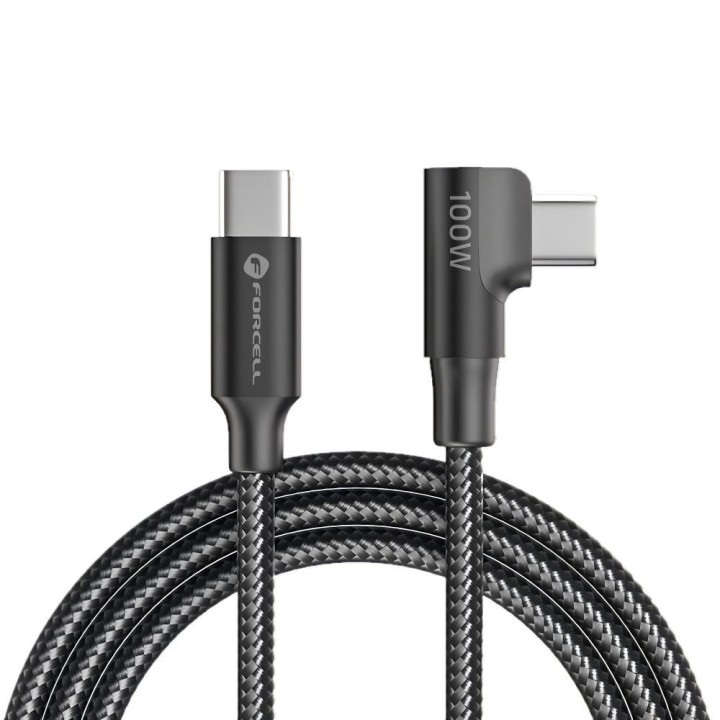 Кабель USB C — USB C Forcell F-Energy QC4.0 PD 5A 100W Cafule 90° угловой 2 m CC-1Deg черный 0INT