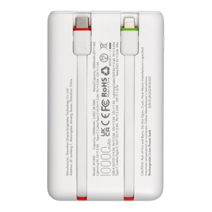 Повербанк PD3.0 3A 22,5W 10000 mAh із вбудованими кабелями USB C / Lightning Charmast W1202 білий 0INT