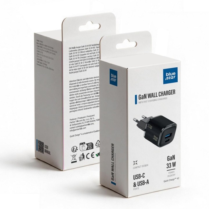Сетевое зарядное устройство для телефона Blue Star Nano GaN USB C + USB A QC4.0 PD 3A 33W VT-332 черное