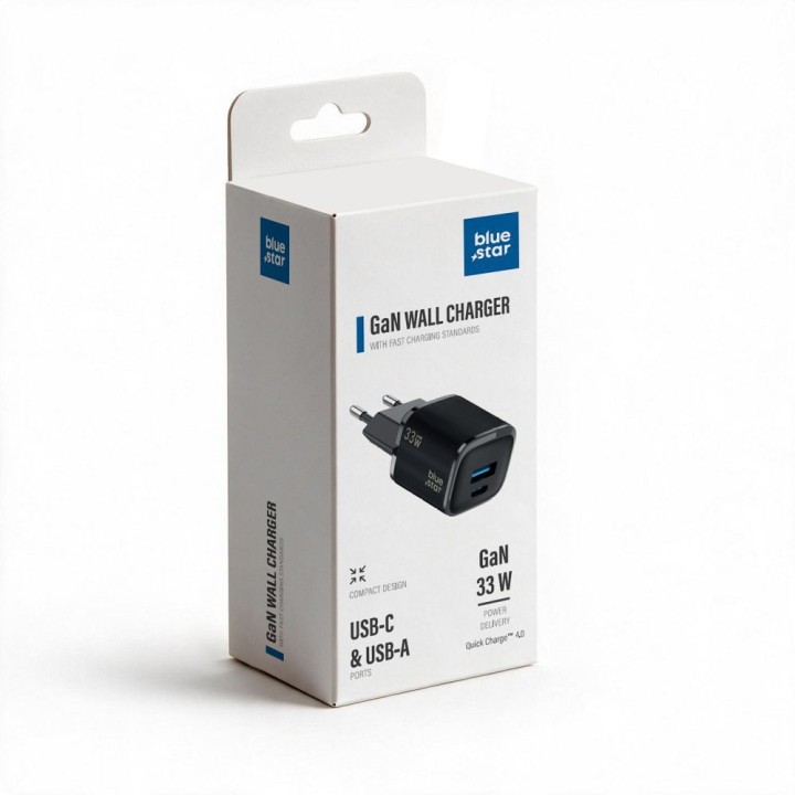 Ładowarka sieciowa do telefonu Blue Star Nano GaN USB C + USB A QC4.0 PD 3A 33W VT-332 czarna