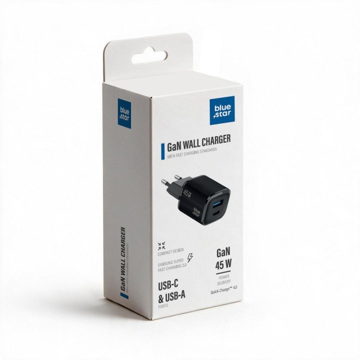 Сетевое зарядное устройство для телефона Blue Star Nano GaN USB C + USB A QC4.0 PD 3A 45W VT-334 черное