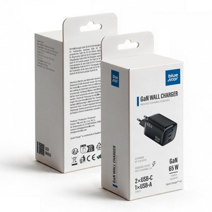 Сетевое зарядное устройство для телефона Blue Star Nano GaN 2x USB C + USB A QC4.0 PD 3A 65W VT-335 черное
