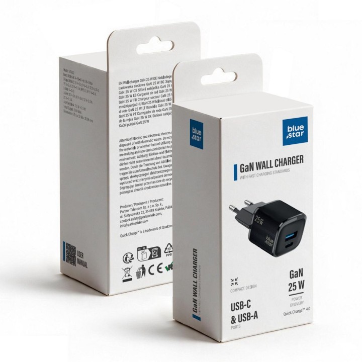 Wall charger for phone Blue Star Nano GaN USB C + USB A QC4.0 PD 3A 25W VT-331 black