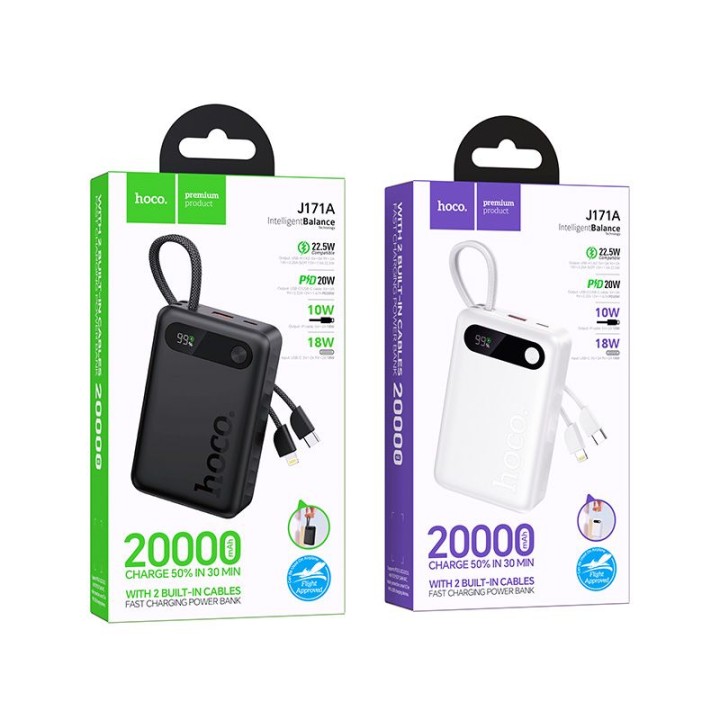 Повербанк Hoco 20000 mAh QC PD 2A 22,5W з вбудованими кабелями USB C + Lightning J171A чорний