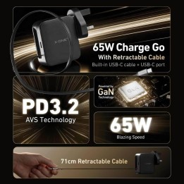 Wall charger X-ONE ChargeGo GaN 65W with retractable cable USB C and Type C port - black