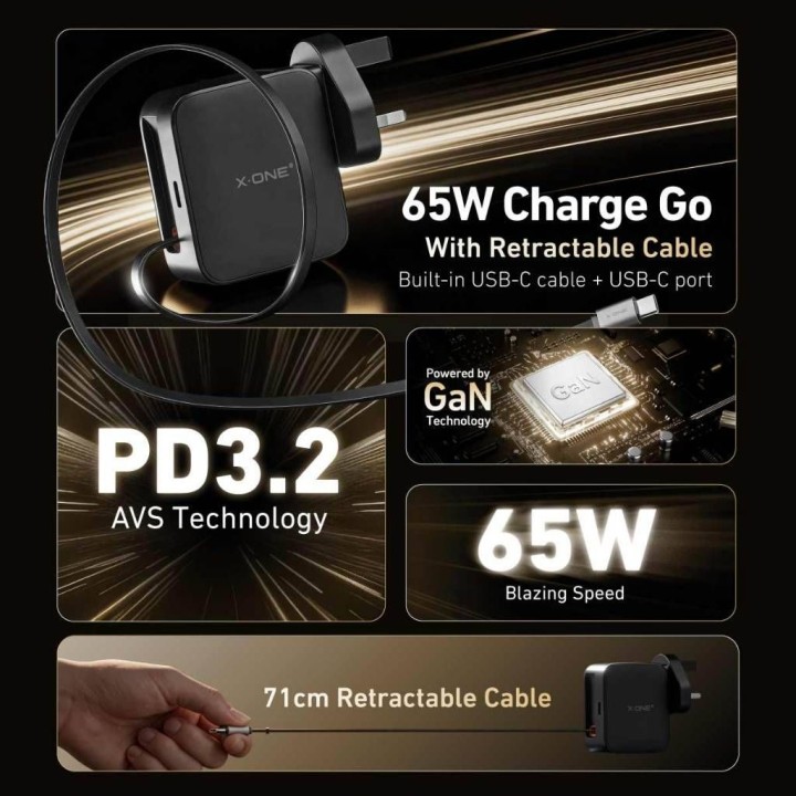 Мережевий зарядний пристрій X-ONE ChargeGo GaN 65W зі zwijanym кабелем USB C і portem тип C - чорний