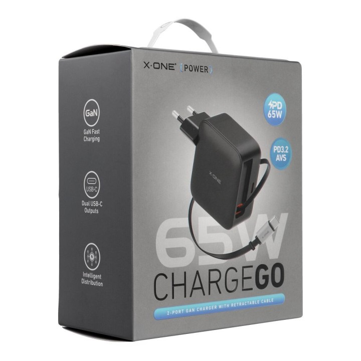 Wall charger X-ONE ChargeGo GaN 65W with retractable cable USB C and Type C port - black