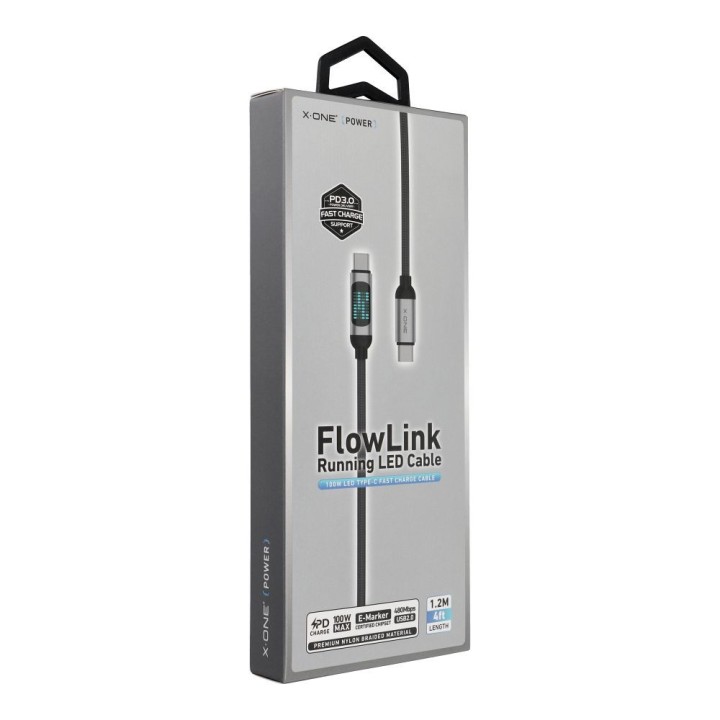 Cable USB X-ONE FlowLink Running LED - type C to C max 100W 1,2m black