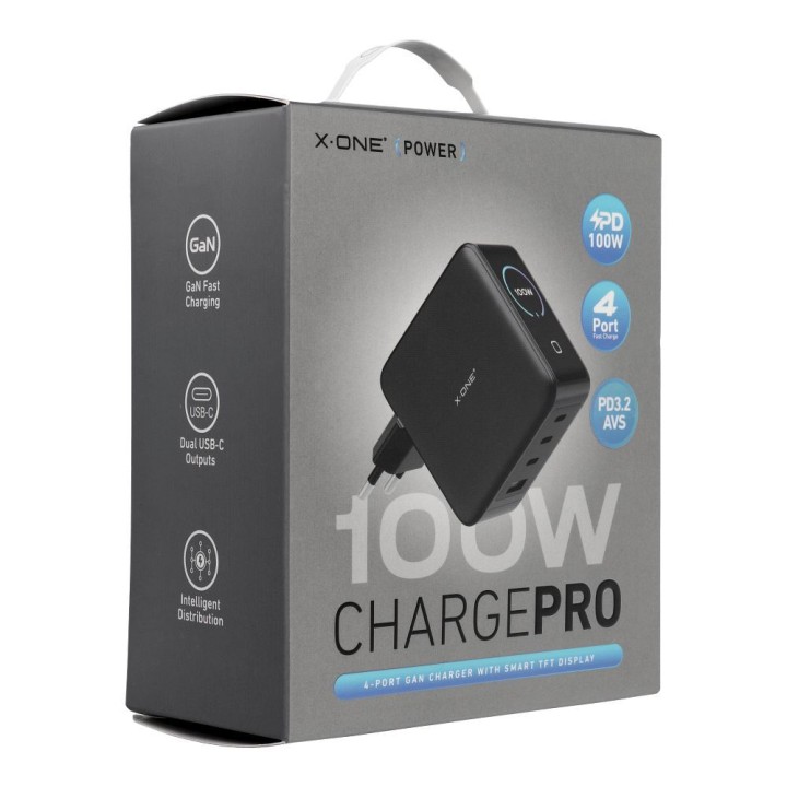 Сетевое зарядное устройство X-ONE ChargePro GaN с LCD 100W 3x USB C 1x USB A - черное