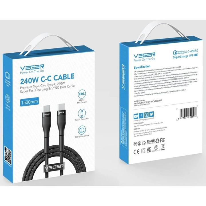 Kabel USB C do USB C VEGER PD 5A 240W 1,5 m CC03 czarny