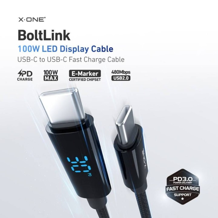 Кабель USB X-ONE BoltLink LED Display - тип C для C max 100W 1,5m черный