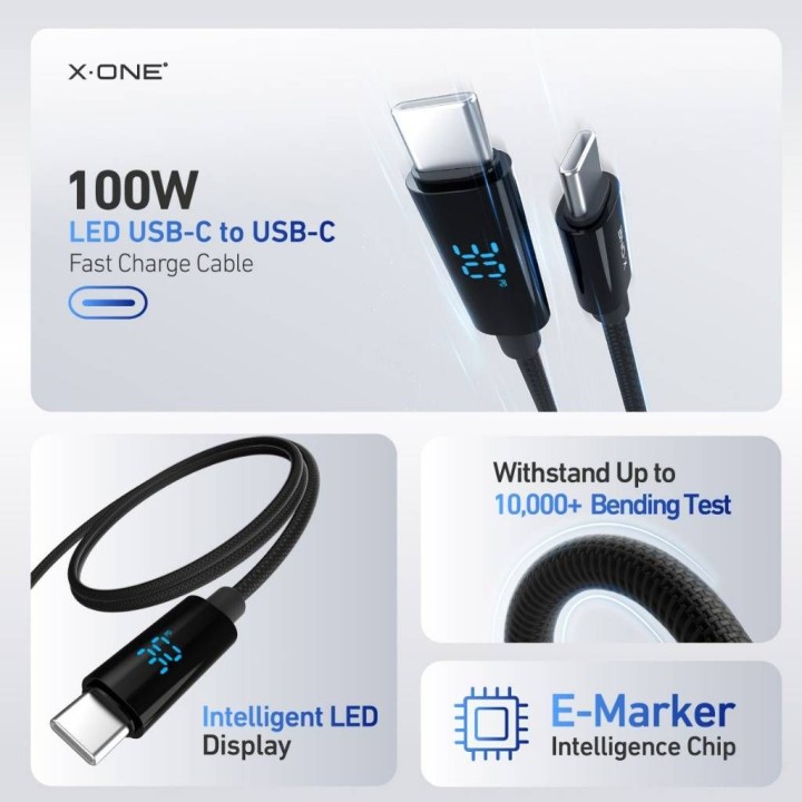 Кабель USB X-ONE BoltLink LED Display - тип C — C max 100W 1,5m чорний