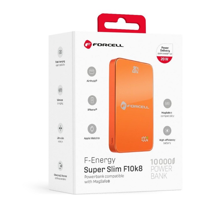 Повербанк, сумісний із MagSafe Forcell F-Energy SuperSlim F10K8 QC4.0 PD3.0 15W 10000 mAh, помаранчевий 0INT