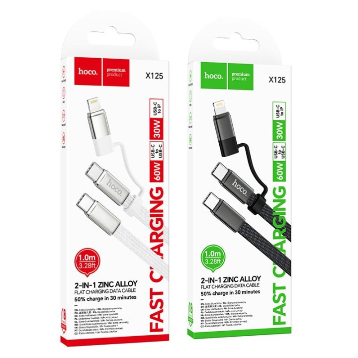 Kabel USB C do USB C/iP Hoco 3A 60W płaski 1 m X125 czarny
