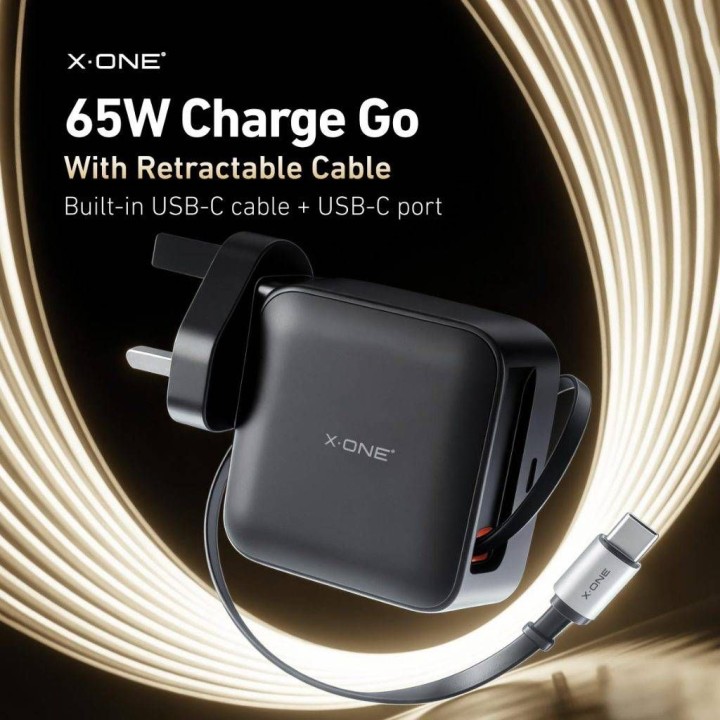 Мережевий зарядний пристрій X-ONE ChargeGo GaN 65W зі zwijanym кабелем USB C і portem тип C - чорний