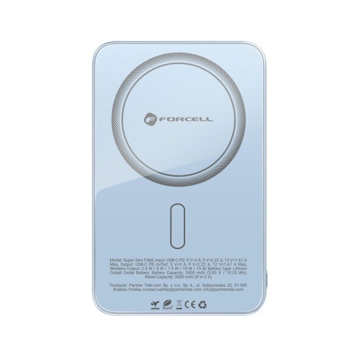 Powerbank zgodny z MagSafe Forcell F-Energy SuperSlim F5K8 QC4.0 PD3.0 15W 5000 mAh jasnoniebieski 0INT