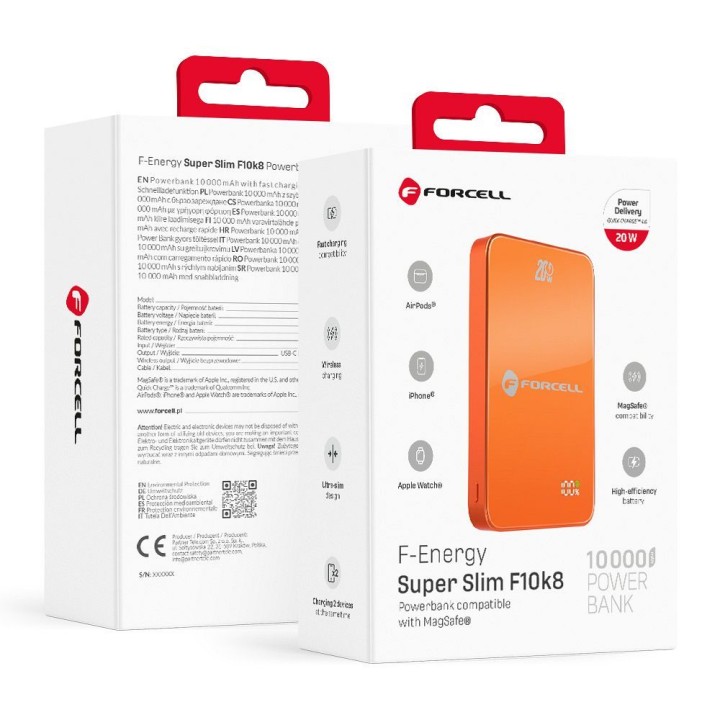 Повербанк сумісний з MagSafe Forcell F-Energy SuperSlim F10K8 QC4.0 PD3.0 15W 10000 mAh помаранчевий 0INT