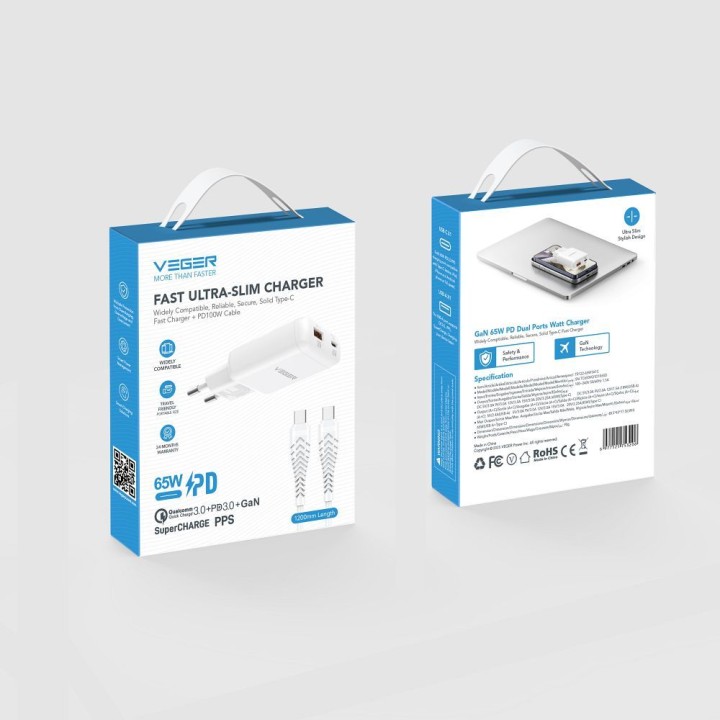 Сетевое зарядное устройство для телефона VEGER USB A + тип C PD 65W + кабель тип C — C 100W TR122 белое