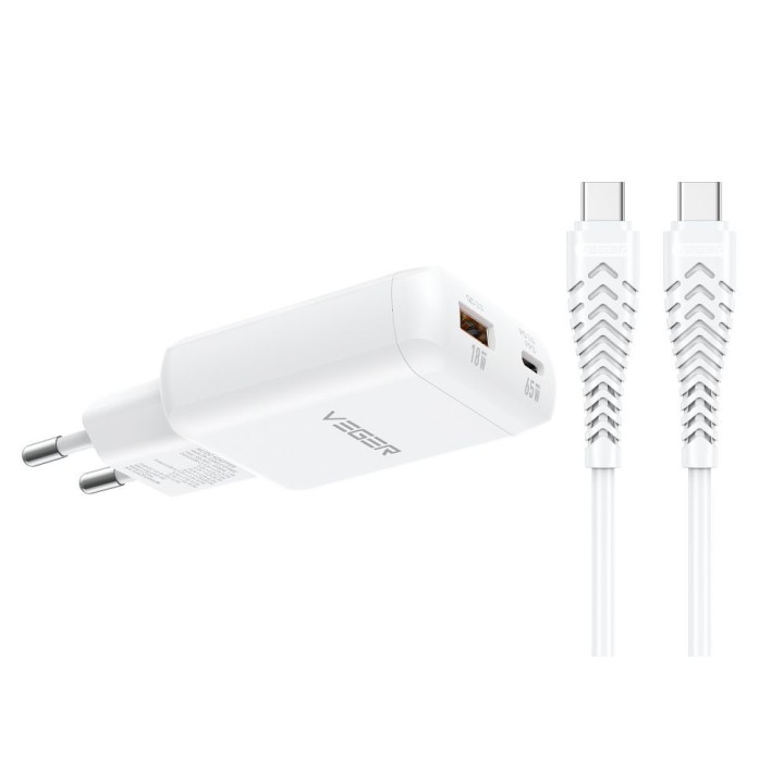 Сетевое зарядное устройство для телефона VEGER USB A + тип C PD 65W + кабель тип C — C 100W TR122 белое