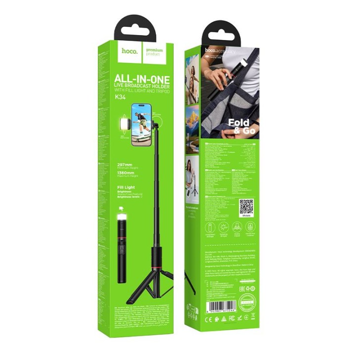 Selfie stick tripod with remote control wireless + światłem LED Hoco K34 black