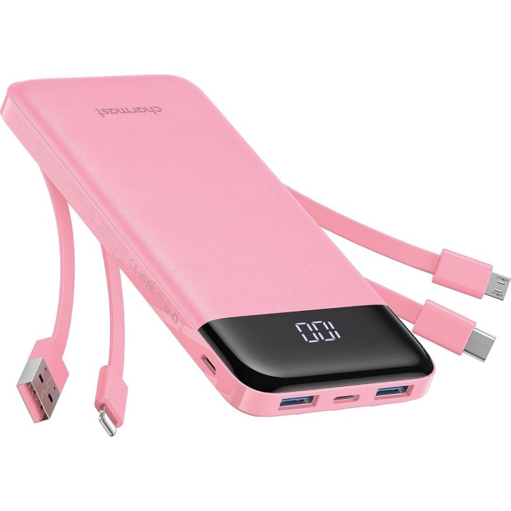 Повербанк 5V 3A 10000 mAh з вбудованими кабелями USB A / USB C / Lightning / Micro USB Charmast W1148 рожевий OINT