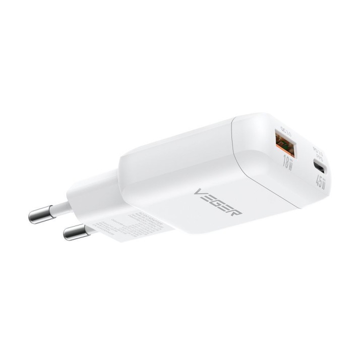 Ładowarka sieciowa do telefonu VEGER USB A + Typ C PD 45W + kabel Typ C do C 100W TR121 biała
