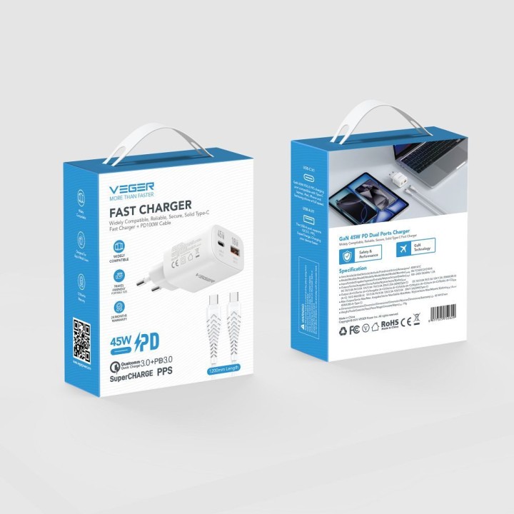 Сетевое зарядное устройство для телефона VEGER USB A + тип C PD 45W + кабель тип C — C 100W TR121 белое